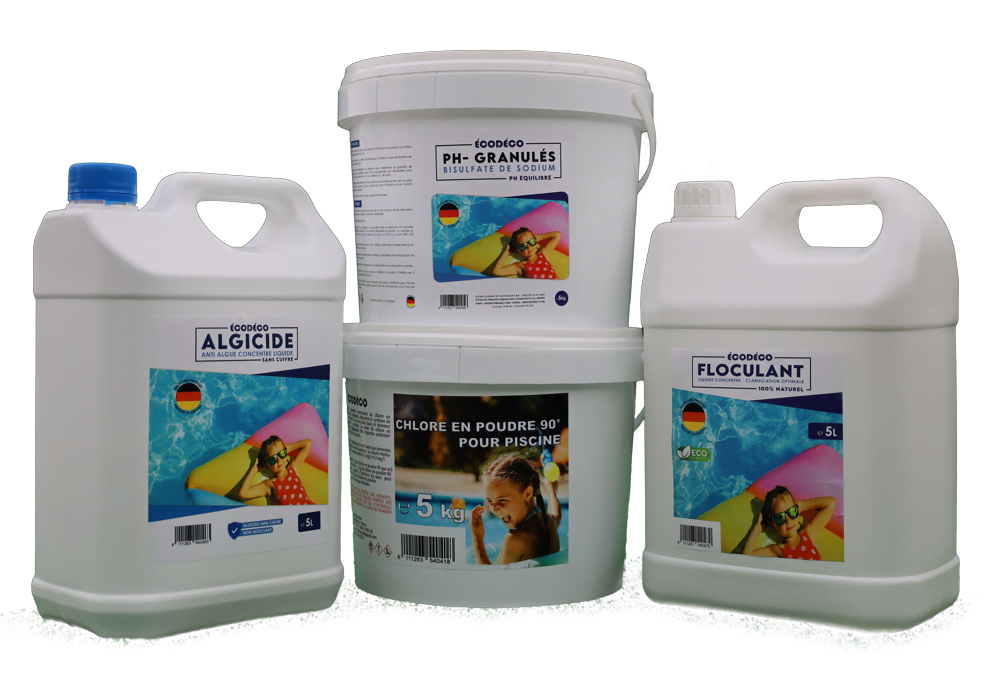 CHLORE POUDRE 90° 5 KG / CHLORE GALET MULTIFONCTION 5 KG / PH- GRANULES 5 KG / ALGICIDE LIQUIDE 5 L / FLOCULANT 5L .